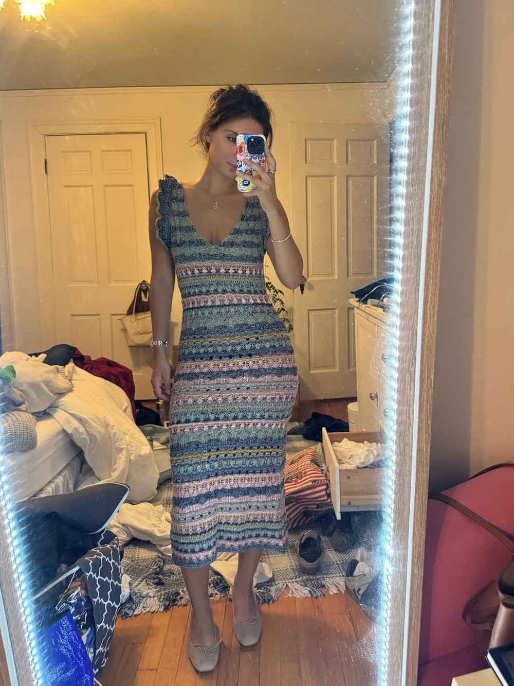 Zara Striped Crochet Midi Dress in Blue, Pink & Cream